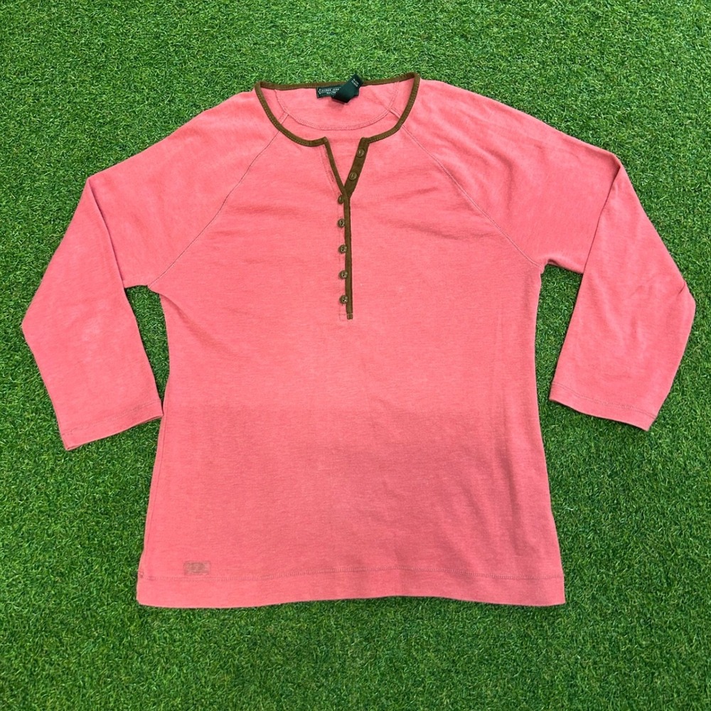 Lauren Ralph Lauren Pink Henley Top Brown Faux Leather Trim 3/4 Sleeve Medium